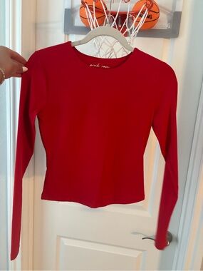 Pink Rose Long Sleeve Red Crewneck Top